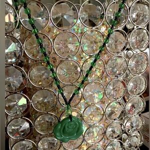 Pretty Vintage Carved Rose Jade Charm on Beaded Necklace